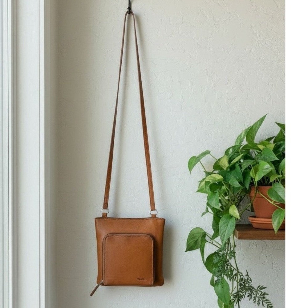 Fossil Cognac Brown Leather Slim Crossbody Bag with Built-in Wallet Organizer